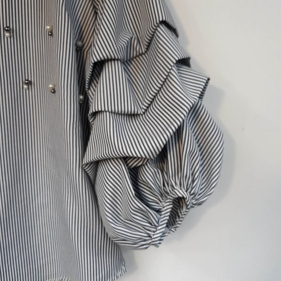SOLD-Kontrol Blouse Women's Med GUC Puffy Sleeve Pearl Accents Stripes Top Shirt - Picture 4 of 8